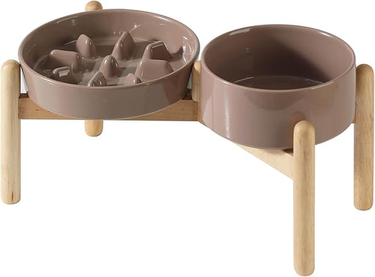 Havniva Ceramic 1.2 Cup Raised Slow Feeder Dog Bowl Set, Elevated 6.1inch Bowl and 7.3inch Slow Pet Food Dish with Wooden Stand for Small and Medium Dog (2 x Brown Coffee+ Stand)
