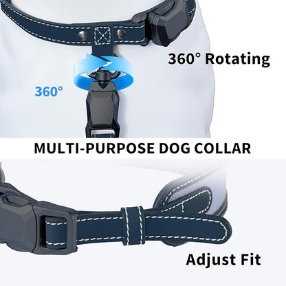Magnetic Quick-Release Buckle Dog Collar and Leash Set, Easy On & Off Faux Leather Adjustable Puppy Collar for Small, Medium, Large Girl Boy Dogs, for Daily Walks, Travel & Outdoor, Blue,M