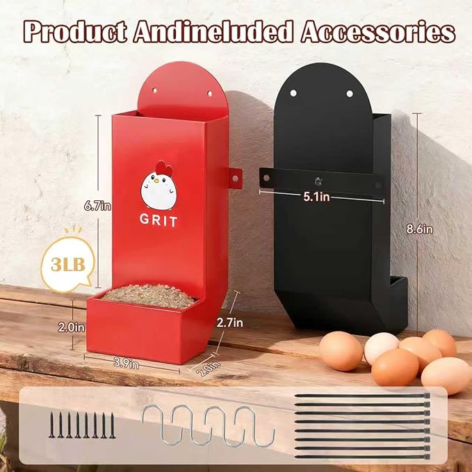 JND Chicken Grit and Oyster Shell Feeder Combo, Heavy Duty Metal Automatic Chicken Feeders，Stable Chicken Feeder - Anti-Tip Rod Included, Chicken Coop Accessories Built for Busy Keepers