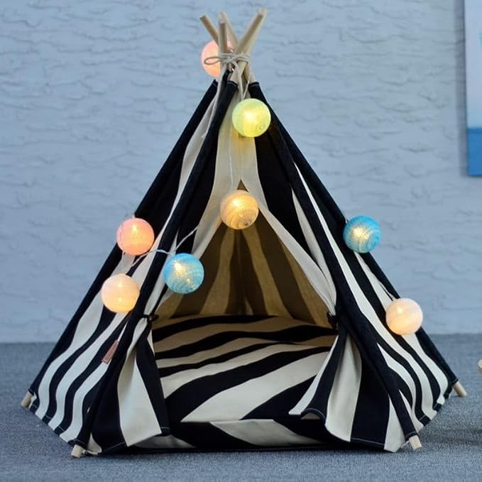 Cat Teepee Tent Bed,Outdoor Indoor Dog House,Portable Washable Pet Tent for Small Dogs with Cushion,Inside Pet Teepee for Small Medium Animals (White&Black, M)