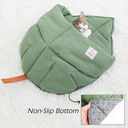 Cat Sleeping Bag,Linen Fabric Cat Bed Cave Leaf Nest Pet Cuddle Zone Covered Hide Hood Burrowing Cozy Soft Durable Washable with Non-Slip Bottom for Indoor Puppy and Kitten (Green)