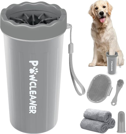 Professional 7 in 1 Dog Paw Cleaner for Dogs & Cats - Includes 1 Portable Paw Washer, 1 Bath Brush, 2 Dog Toothbrushes and 3 Absorbent Towels Note: Fits Paws 2.5 to 3.5 Inches Wide (Large, Grey)