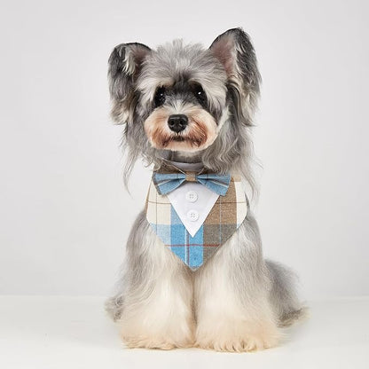 HDGDT Fall Dog Tuxedo Bandana, Orange Plaid Pet Collar with Bowtie, Adjustable Halloween Thanksgiving Dog Tux Costume for Small to Extra Large Pets