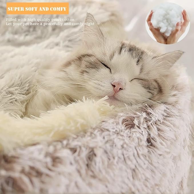 Calming Round Dog Bed & Cat Cave with Hooded Cover, Plush Fluffy Anti-Anxiety Cat Bed, Waterproof Bottom Washable (Coffee, 20x20inch)