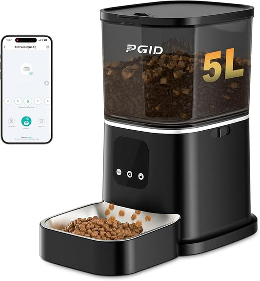 PGID Automatic Cat Feeder, 2.4G WiFi Automatic Dog Food Dispenser,Auto Dog Feeder with APP Control, 5L Timed Auto Cats Food Dispenser w 2-Way Audio for Multiple Pe
