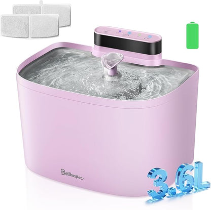 Cat Water Fountain, 122oz/3.6L Pumpless Wireless Cat Fountain, Cordless Water Fountains for Cats Indoor, Dog Pet Water Fountain Battery Operated with Stainless Steel Tray (Pink, Fountain+2 Fliters)