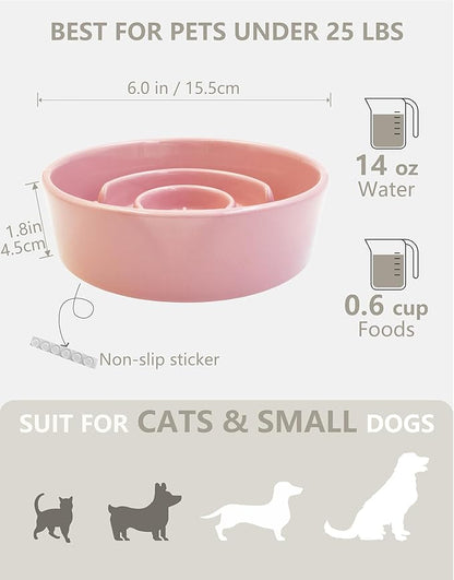 Ceramic Slow Feeder Dog Bowls, 0.6 Cup Slow Feeder for Small Dogs and Cats, Puzzle Maze Bowl, Prevents Choking, 6in, Pink