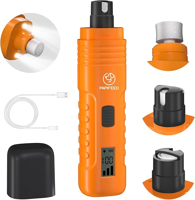 PAPIFEED Dog Nail Grinder Professional Pets, 3-Speed Electric Quiet Dog Nail Grinder, Rechargeable Dog Nail Trimmers - with 2 LED Lights/2 Grinder Wheels, for Small, Medium, Large Dogs (Orange)