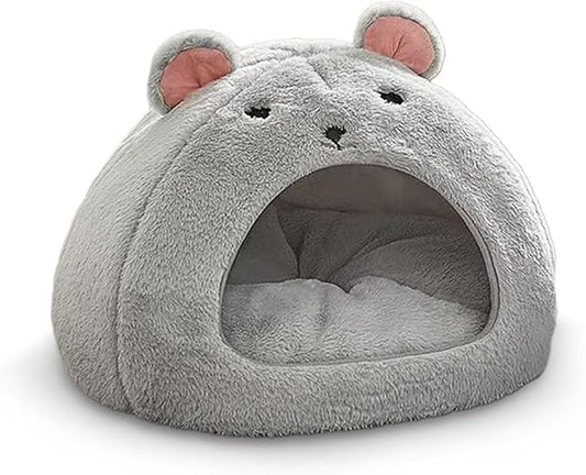 Cozy Mouse Ear Pet Cave Bed Ultra-Soft Gray Plush cave Bed, Cat Cave Beds Cat House Cat Tent with Removable Washable Cushioned Pillow, Cat Beds&Dog Beds,Perfect for Small & Medium Pets