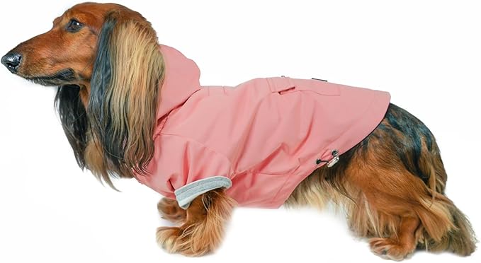 DJANGO Highland Dog Jacket & Raincoat – Water-Repellent, Lined Dog Coat with Hood, Adjustable Fit & Harness Hole – Lightweight Rain & Wind Jacket for Small & Medium Dogs up to 30 lbs (Pink, Large)