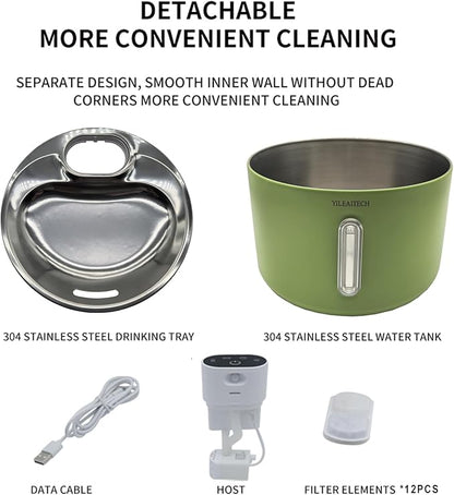 Wireless Cat Water Fountain Stainless Steel, 135oz/4L Cat Fountain, Battery Operated, Cordless Pet Water Fountain for Cats & Dogs with Motion Sensor, Ultra Quiet Pump, 12 Filters (Green, 4L)