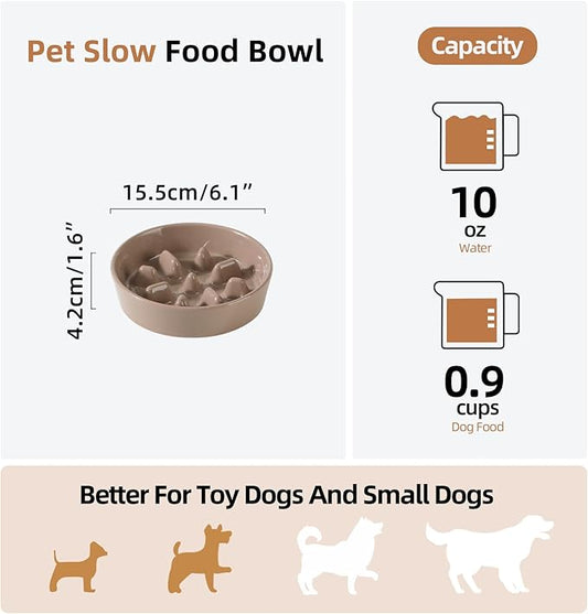 Ceramic 0.9 Cup Dog Bowl Slow Feeder, 6.1inch Slow Pet Food Dish for Small Dog and Cat, Stop Bloat, Preventing Choking(Single Bowl, Brown Coffee)