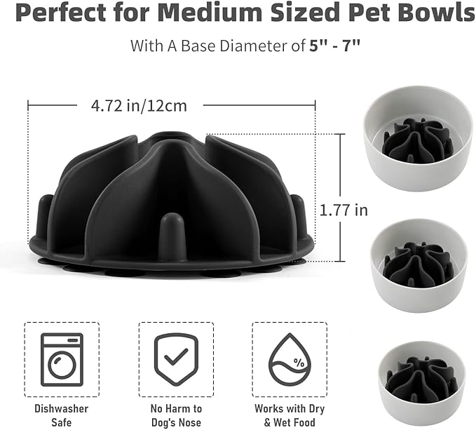 Jaoul Slow Feeder Dog Bowls Insert, Puzzle Slow Feeder Insert with 30 Octopus Suction Cups for Small Medium Large Size Dog Food Bowl (4.72 inch, Black)
