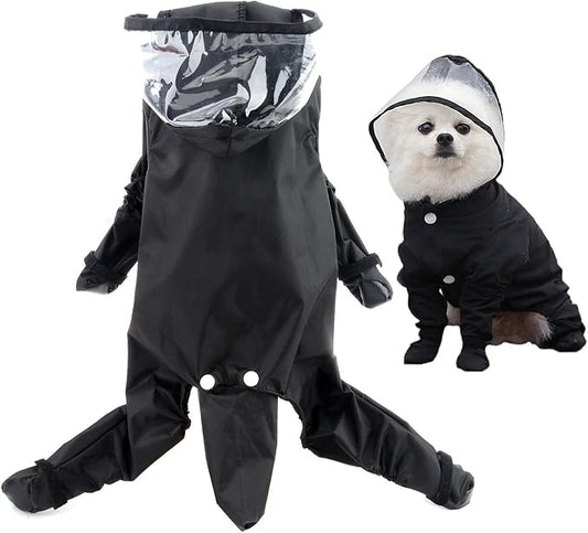 SMALLLEE_LUCKY_STORE Cute Raincoat for Small Dogs with Hood and Boots Detachable Tail Puppy Botton Down Rain Jacket Full Boby 4 Leg Jumpsuit Waterproof Lightweight Clothes,Black,XXL