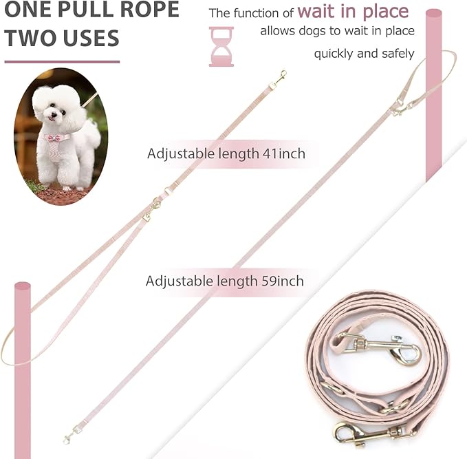Small Dog Harness with Leash and Bow Tie, Cute Breathable Puppy Harness Easy for Walking, No Pull No Choke Escape Proof Pet Harness, Sakura Pink S