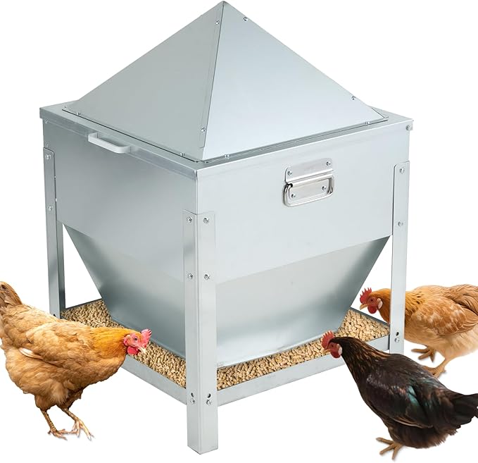 Automatic Chicken Feeder 80LBS, Galvanized Metal Gravity Feeder with 4-Sided Troughs, Waterproof Locking Lid, No Waste Poultry Feeder for Backyard Coops, Free-Range & Small Farms