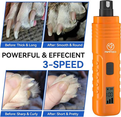 PAPIFEED Dog Nail Grinder Professional Pets, 3-Speed Electric Quiet Dog Nail Grinder, Rechargeable Dog Nail Trimmers - with 2 LED Lights/2 Grinder Wheels, for Small, Medium, Large Dogs (Orange)