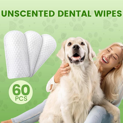 Dog Dental Care Wipes - Pet Teeth Cleaning Wipes for Dogs & Cats - Reduces Plaque, Freshens Breath Dog Dental Care Solution Pet Finger Wipes(60 PCS, Unscented)