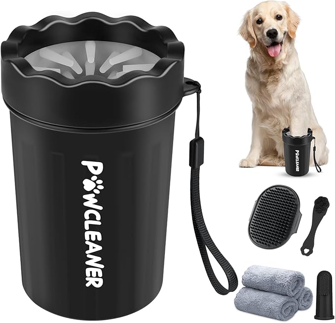 Professional 7 in 1 Dog Paw Cleaner for Dogs & Cats - Includes 1 Portable Paw Washer, 1 Bath Brush, 2 Dog Toothbrushes and 3 Absorbent Towels Note: Fits Paws 1.5 to 2.5 Inches Wide (Medium, Black)