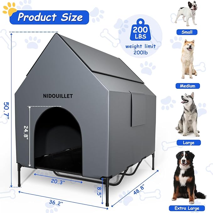 48" Dog House for Outdoor Indoor, X-Large Dog Houses Weatherproof 600D PVC with 8.5" H Textilene Elevated Dog Bed Breathable, Easy to Clean, Dog House Max 200lbs
