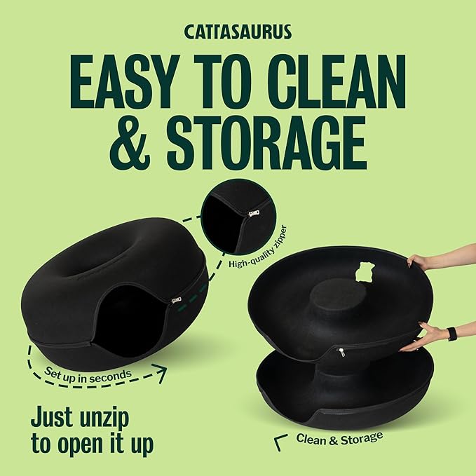 Cattasaurus Peekaboo Cat Cave Donut for Multiple & Large Cats up to 30-45 lbs, 3-in-1 Self Warming Cat Bed, Tunnel & Scratcher for Indoor Cats, Washable & Detachable Small Dog Bed (Black, Jumbo)