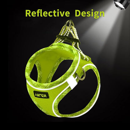 AMTOR Small Dog Harness with Leash Set, No Escape Easy Walk Puppy Harnesses for Training Walking, Step-in Reflective Soft Dogs Vest for XS S Medium Extra-Small Large Sized Dog(XL Size,Green/White)