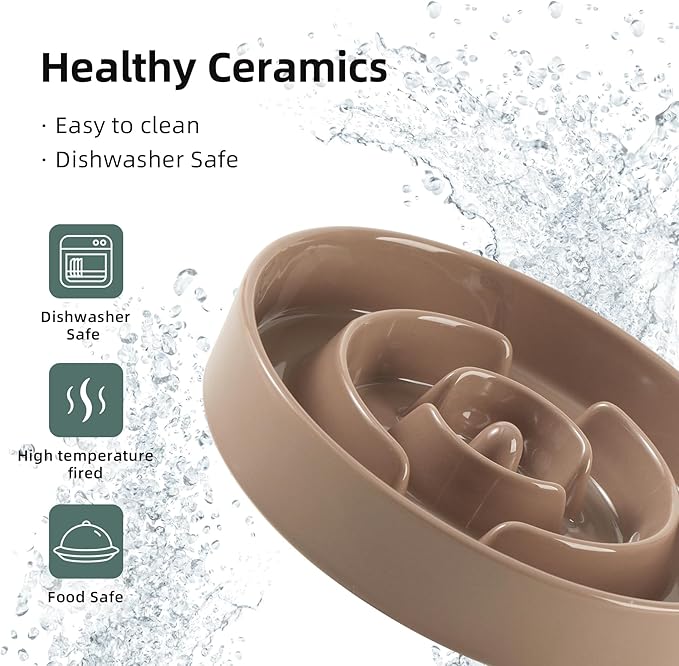 Ceramic 1.6 Cup Slow Feeder Dog Bowl for Medium and Large Breed, 8.2inch Puzzle Dog Food Dish, Anti-Gulping, Stop Bloat, Preventing Choking (Single Bowl-Brown Coffee)