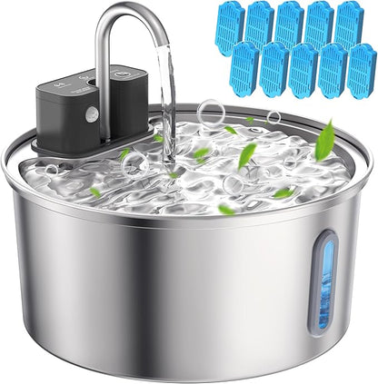 Wireless Cat Water Fountain 10Pcs Filters - 108oz/3.2L Automatic Cat Water Fountain Cordless, Stainless Steel Battery Operated Pet Fountain Rechargeable Water Dispenser for Cats, Dogs, Multiple Pets