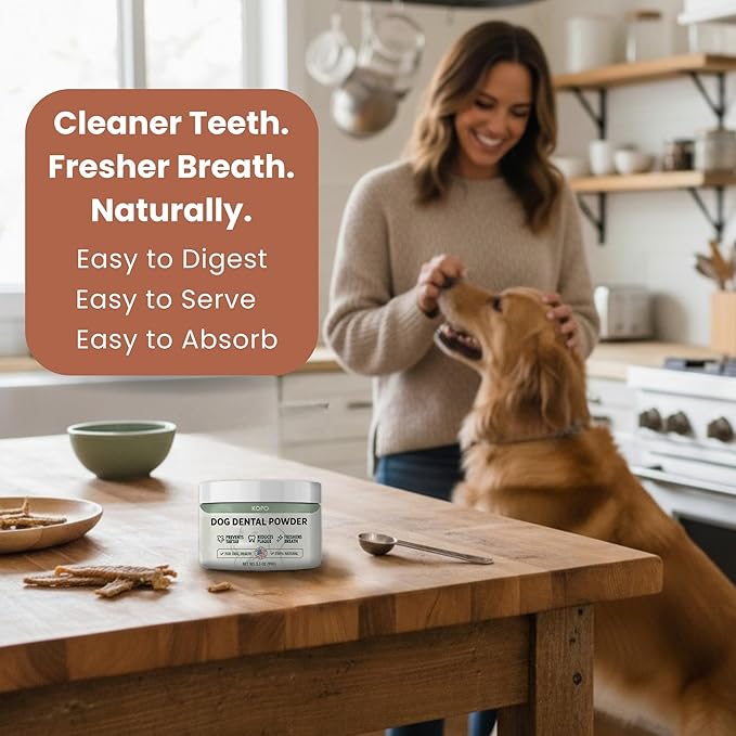 Kopo Dog Dental Powder - Dog Bad Breath Treatment for All Breed Size - Includes Probiotics for Dogs - Easy Way for Dog Teeth Cleaning - One of The Essential Pet Supplies with Beef Flavor