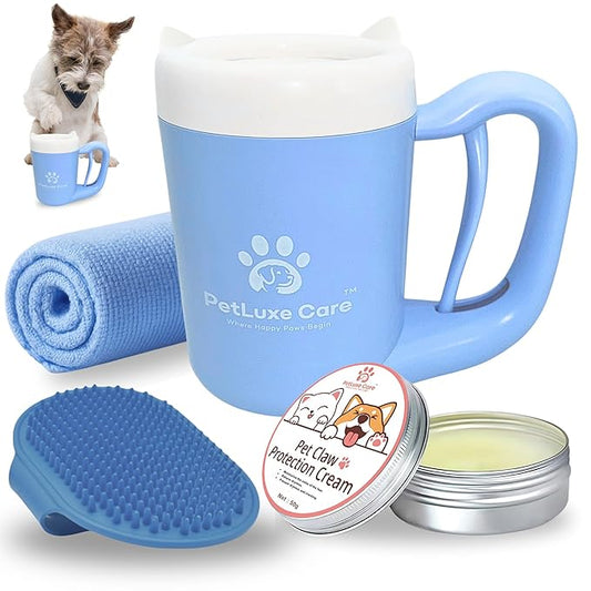 Dog Paw Washer Kit - Includes Paw Cleaner Cup, Towel, Pet Bath Brush & Moisturizing Balm - Dog Foot Washer for Muddy Paws, ideal for Small & Medium Dogs (Blue, Small)