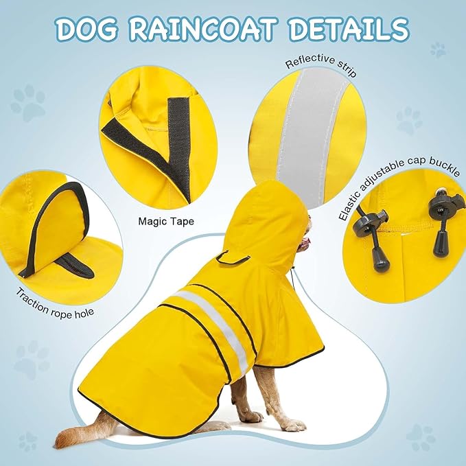 Dog Raincoat - Reflective Waterproof Dog Rain Jacket with Hoodie Lightweight Rain Coat for Small Medium Large Dogs (Large, Yellow)