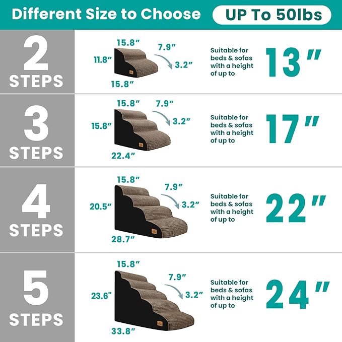 Dog Stairs for Small Dogs, 15.8 in H 3 Step Curved Dog Ramp for High Bed and Couch, Foam Dogs Ramp with Durable Non-Slip Waterproof Fabric Cover, Pet Stairs for Pets Joints, Brown