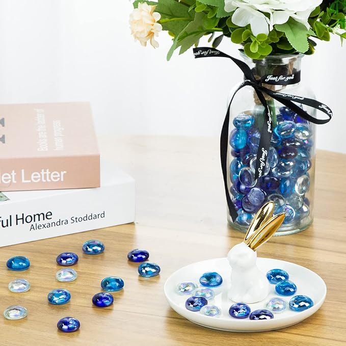 FUTUREPLUSX 1LB Iridescent Flat Glass Marbles, Vase Fillers Blue Mixed Glass Beads Rocks for Fish Tank Aquarium Decor DIY Craft