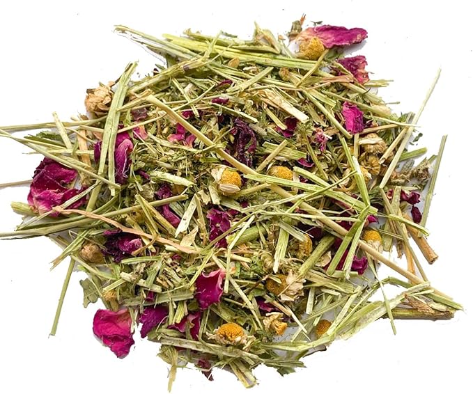 Pampered Chicken Mama Herbal Calming Forage (2 Ounces): Premium Rabbit Food, Hay for Guinea Pigs Food, Chinchilla Food, Hamster Treat Made with Timothy Hay & Dried Edible Herbs (2 Ounces)