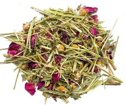 Pampered Chicken Mama Herbal Calming Forage (2 Ounces): Premium Rabbit Food, Hay for Guinea Pigs Food, Chinchilla Food, Hamster Treat Made with Timothy Hay & Dried Edible Herbs (2 Ounces)