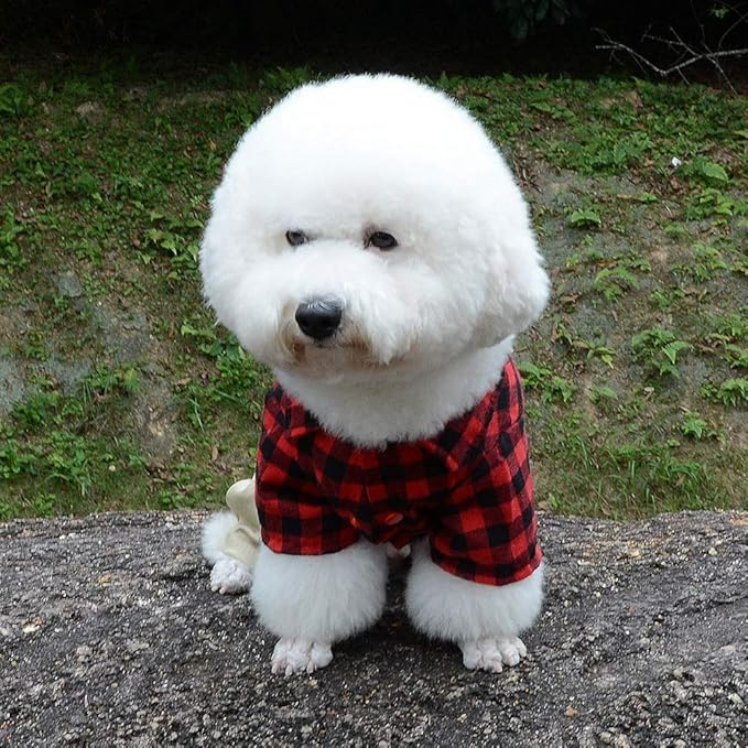 SMALLLEE_LUCKY_STORE Pet Clothes for Small Dog Cat Red Plaid Shirts Sweater with Khaki Overalls Pants Jumpsuit Outfits M