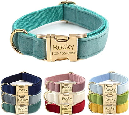 Personalized Velvet Dog Collars with Pet Name Phone Number Engraved, Custom Adjustable Soft Collar with Metal Buckle for Small Medium Large Dogs, Dog Leash and Bow Tie Available -Lake Green