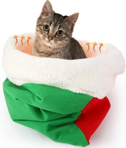 Self Heating Cat Sleeping Bag Self Warming Cat Cave Heated Pad Cozy Soft Winter Washable Wrap Red and Green Pet Sleeping Pouch Snuggle Sack for Puppy Dog Kitten, 24 x 21 Inch
