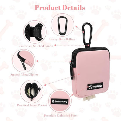 Dog Treat Pouch with Training Clicker,Waterproof Nylon Fabric Poop Bag Holders for Leashes,Hands Free Small Dog Walking Bag with Carabiner, Pet Puppy Training Walking Essentials (Pink)