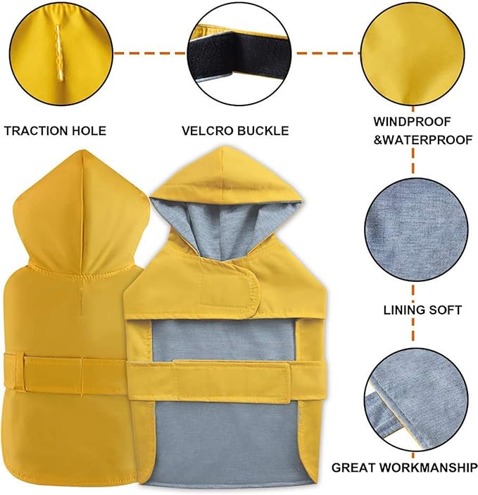 Dog Raincoat Dog Rain Jacket Poncho Waterproof Snowproof Pet Rain Suit Lined Warm Lining Hooded Leash Hole Adjustable Puppy Small Medium Dogs,Yellow,XL