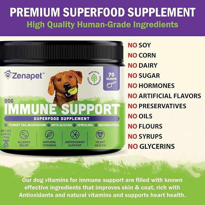 ZENAPET Dog Immune Support Premium Powder Topper, Turkey Tail, Spirulina & Beta-Glucan, Supports a Healthy Immune System & Digestion, Human-Grade, Made in USA
