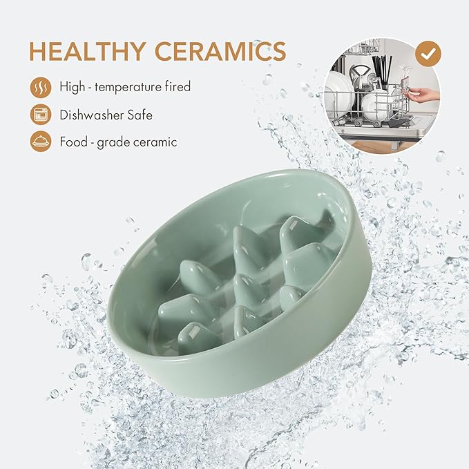 Ceramic 0.9 Cup Raised Slow Feeder Dog Bowl Set, Elevated 5.1inch Bowl and 6.1inch Slow Pet Food Dish with Wooden Stand for Small Dog and Cat (2 x Light Green+ Stand)