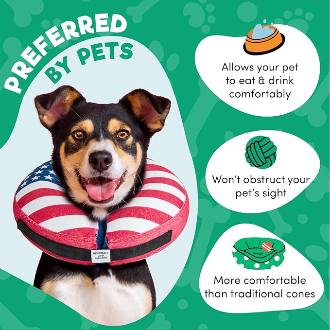 BENCMATE Inflatable Dog Cone Collar Alternative, Soft Dog Cone for Small Medium Large Dogs and Cats, Neck Recovery ECollar Donut Collar After Surgery (Small, Flag)