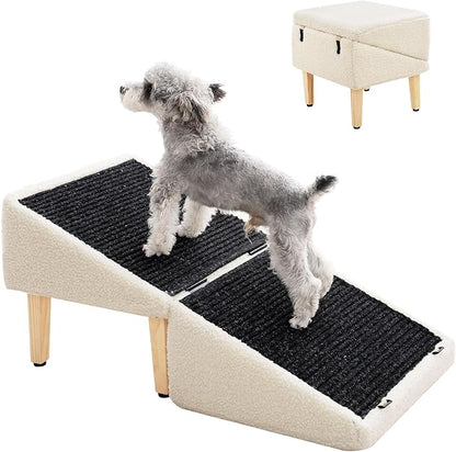 MEWANG Dog Ramp with Storage for Small Dogs & Cats – Pet Stairs, Footstool and Hidden Storage Box, 3-in-1 Design, Anti-Slip, Supports up to 100kg, Suitable for Sofas, Beds, and Living Room Use-Beige