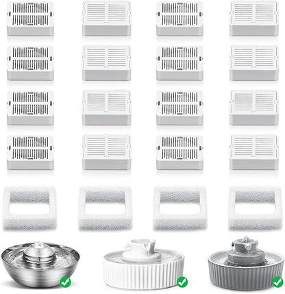 Cat Fountain Replacement Filters, 16 Carbon Filters with 4 Foam Filters, Compatible with Ceramic Cupcake and Wave Cat Fountain and 67oz/2L Stainless Steel Cat Water Fountain(20PACK)