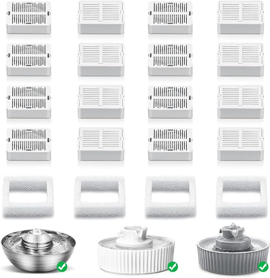 Cat Fountain Replacement Filters, 16 Carbon Filters with 4 Foam Filters, Compatible with Ceramic Cupcake and Wave Cat Fountain and 67oz/2L Stainless Steel Cat Water Fountain(20PACK)