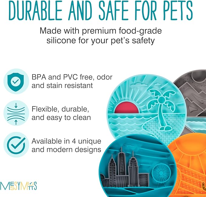 Messy Mutts and Cats Interactive Slow Feeder | Urban City Blue - 2 Cup Capacity | 8” Round Silicone Puzzle Slow Feeder for Dogs/Cats | Enrichment Food Dish for Slow Eating, Bloating