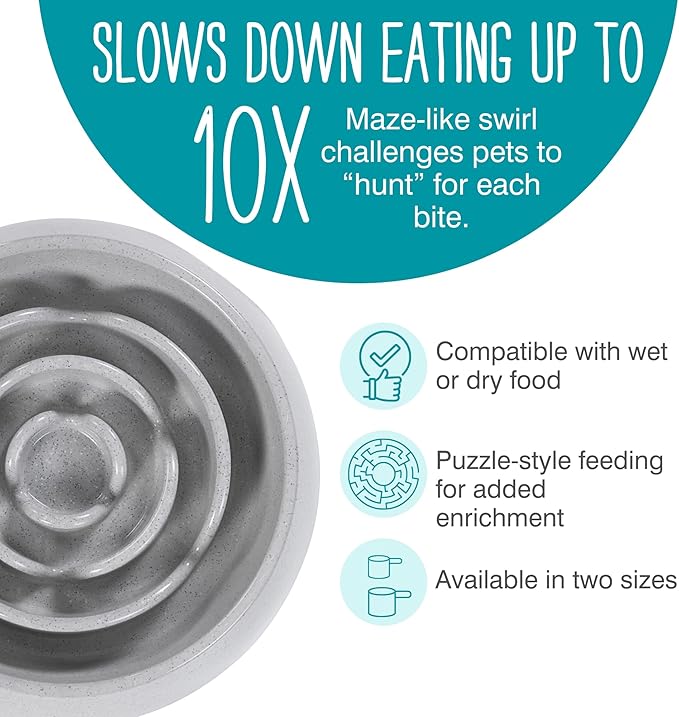 Messy Mutts and Cats Interactive Slow Feeder | Speckled Grey (3 Cup) | 9.8” Round Durable Puzzle Slow Feeder for Dogs/Cats | Enrichment Food Dish for Slow Eating, Bloating
