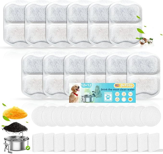 12 Sets Filter Replacement Compatible with oneisall 7L/230oz/1.8G Dog Water Fountain, Dog Water Bowl Filter for Stainless Steel Pet Fountain, 5-Layer Filtration System Activated Carbon Ion Resin