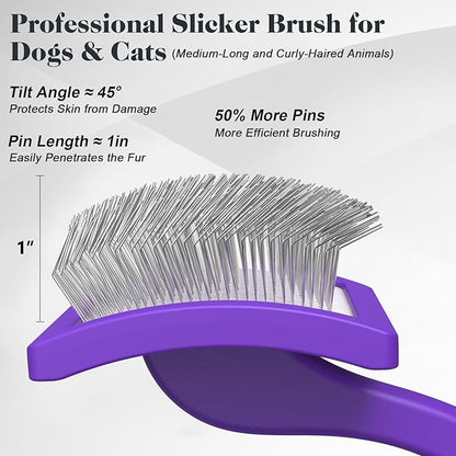 2PCS Slicker Brush for Dogs & Pet Comb,Professional Dog Grooming Brush (Goldendoodles,Poodles,Labradoodles) with Extra Long Pins to Effectively Remove Tangles, Knots and Mats (Purple, Large)